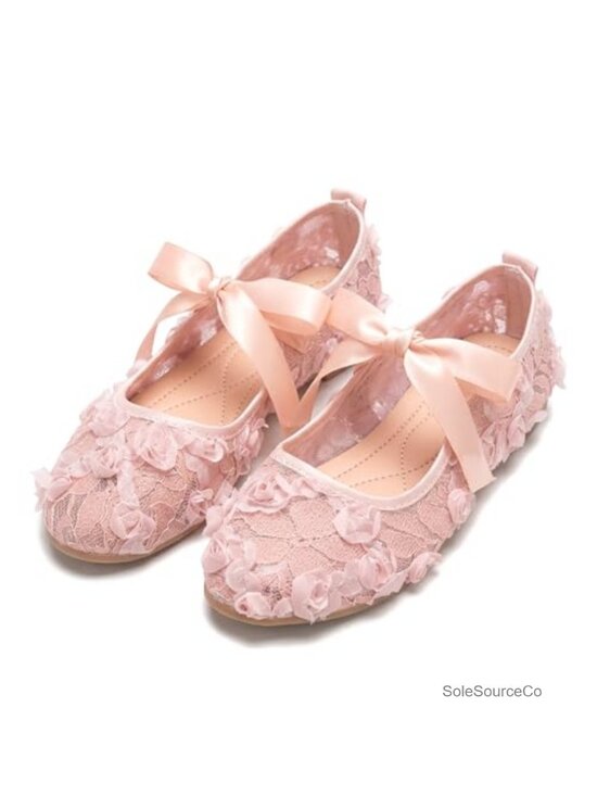 Shoes - Lace Ballet Flats with 3D Rose Flowers & Ribbon Bowknot, Breathable Mesh Mary